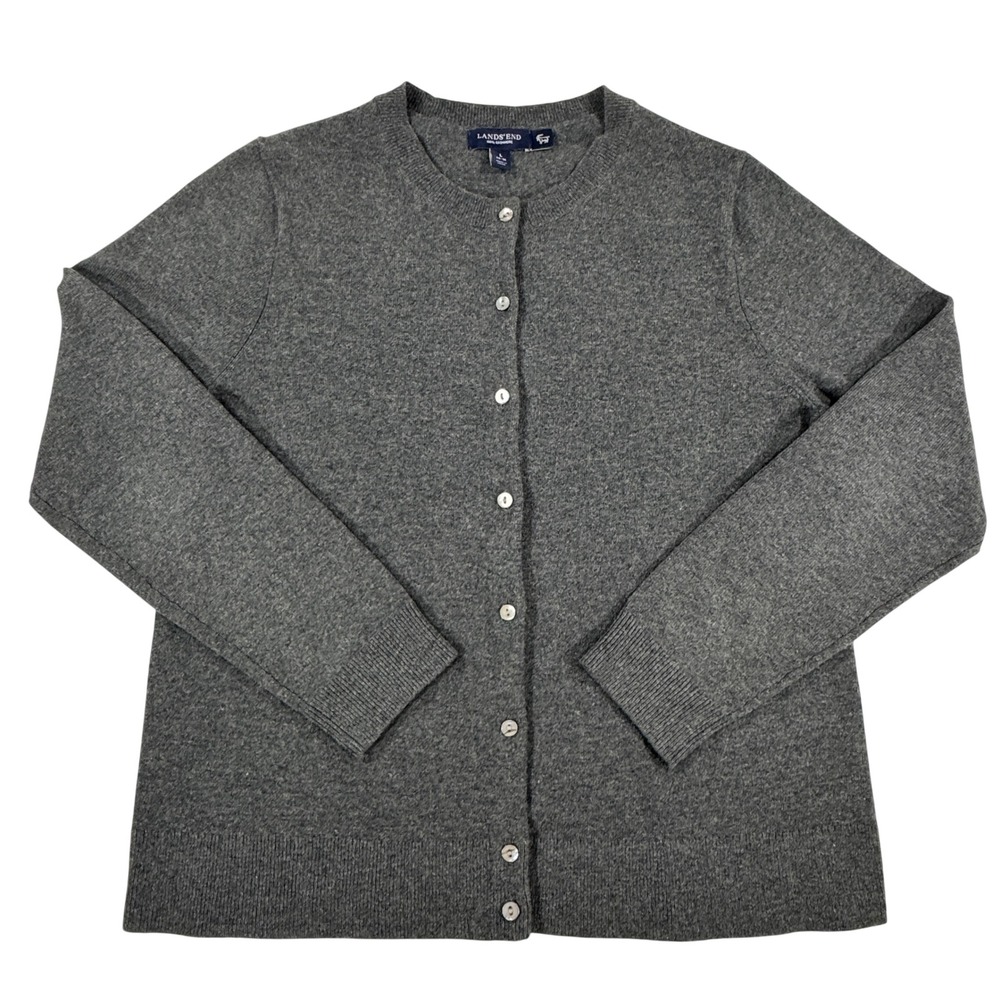 Lands End 100% Cashmere Button Front Cardigan Sweater Gray Women's Size L Preppy